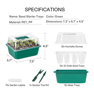 12-Pack Seed Starter Trays with Domes | 144-Cell Seedling Kit with Adjustable Humidity Vents, Drainage Holes & Base Trays