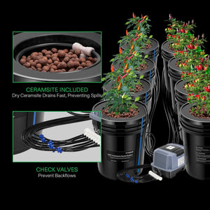 5 Gallon 8-Bucket DWC Hydroponic System Kit | Deep Water Culture + Drip Feed | Complete Recirculating System with 60L/min Air Pump, Clay Pebbles & Water Level Indicators