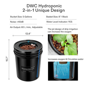 5 Gallon 8-Bucket DWC Hydroponic System Kit | Deep Water Culture + Drip Feed | Complete Recirculating System with 60L/min Air Pump, Clay Pebbles & Water Level Indicators