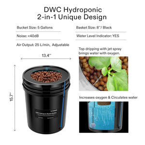 5 Gallon DWC Hydroponic System Kit | 2-in-1 Deep Water Culture + Drip Feed | Complete Grow Bucket Set with Air Pump, Clay Pebbles & Water Level Indicator