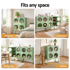 Buffet Sideboard Cabinets | 2 Pack | Glass Door Metal Storage | Green