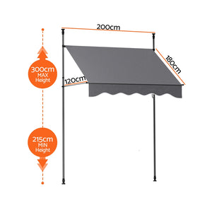 Fixed Pivot Arm Awning | 2.0 x 1.8m | Outdoor Door Canopy | Grey