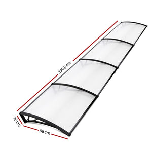 Window Awning | Door Canopy | 1m x 4m | Transparent Sheet | Black Plastic Frame