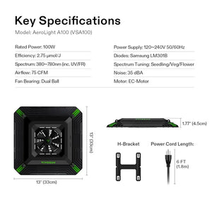 AeroLight Tunable Spectrum LED Grow Light | 100W | 2 x 2FT Coverage