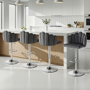 Bar Stools Set 4pc | Adjustable Gas Lift | Velvet | Grey
