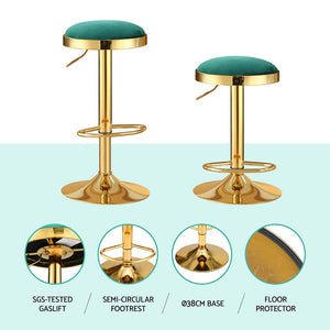 2x Bar Stools | Kitchen Dining Chairs | Velvet Padded Stool | Green