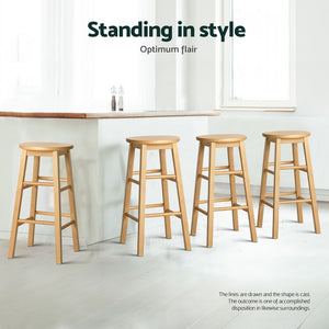4x Bar Stools | Round Chairs | Wooden | Natural Finish