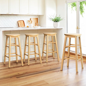 4x Bar Stools | Round Chairs | Wooden | Natural Finish