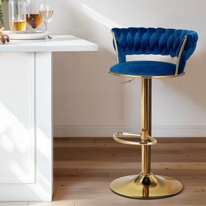 Bar Stools | Gas Lift | Velvet | Woven Backrest | Navy