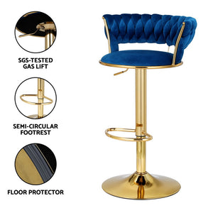 2x Bar Stools | Gas Lift | Velvet | Woven Backrest | Navy