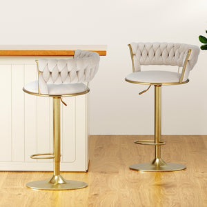 2x Bar Stools | Gas Lift | Velvet | Woven Backrest | Ivory