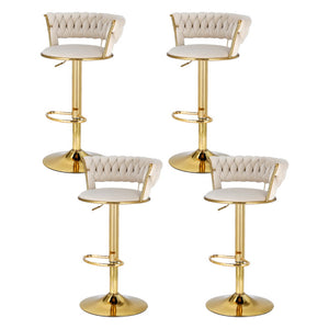 4x Bar Stools | Gas Lift | Velvet | Woven Backrest | Ivory
