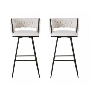 Bar Stools Set 2pc | Woven Velvet Metal Counter Stools | Ivory