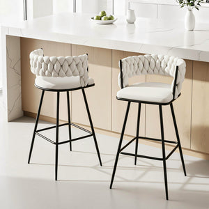 Bar Stools Set 2pc | Woven Velvet Metal Counter Stools | Ivory