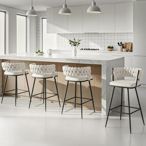 Bar Stool Set 4pc | Woven Velvet Seat | Metal Frame | Ivory