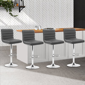 Set of 4 PU Leather Lined Pattern Bar Stools | Grey & Chrome