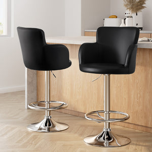 Bar Stools 2PC | Leather Swivel Adjustable PU Counter Chairs | Black Finish
