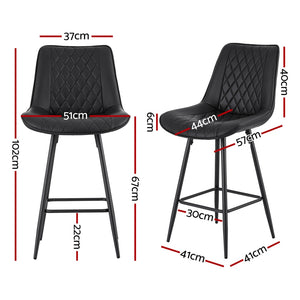 Bar Stools Set 2pc | Diamond PU Leather Counter Stools | Black