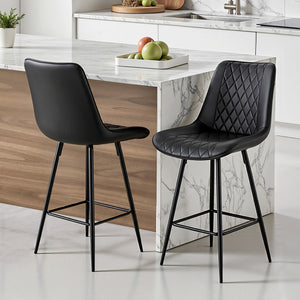Bar Stools Set 2pc | Diamond PU Leather Counter Stools | Black