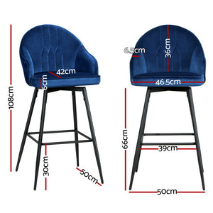 4x Bar Stools | Velvet Swivel | Metal Legs | Blue Finish