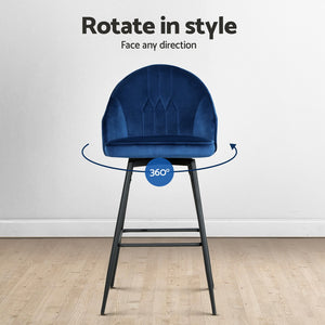 4x Bar Stools | Velvet Swivel | Metal Legs | Blue Finish