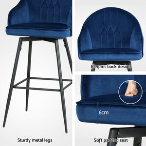 4x Bar Stools | Velvet Swivel | Metal Legs | Blue Finish