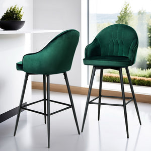 4x Bar Stools | Velvet Swivel | Metal Legs | Green Finish
