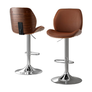 Bar Stools 2pc | Bentwood Adjustable Kitchen Counter Chairs | Leather Brown