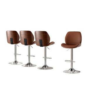 Bar Stools 4pc | Bentwood Adjustable Kitchen Counter Chairs | Leather Brown