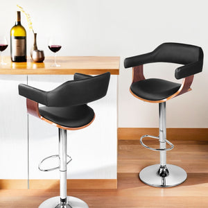 4x Bar Stools | Gas Lift | Leather w/Armrest | Black