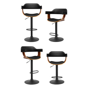 4x Bar Stools | Gas Lift | Leather w/Armrest | All Black