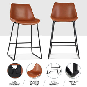 4x Bar Stools | Leather Padded | Metal Legs | Brown
