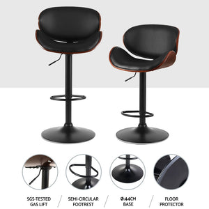 4x Bar Stools | Gas Lift | Leather Padded | Black