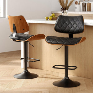 2x Bar Stools | Kitchen Dining Chairs | Gas Lift Stool | Wooden Leather | Black