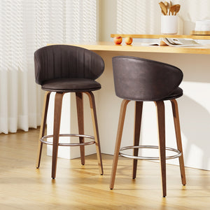 2x Artiss Bar Stools | Dining Chairs | Contoured Leather | Wood Stool | Adjustable Height