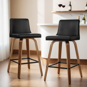 4x Bar Stools | Swivel Leather | Padded | Wooden Frame