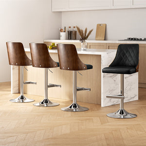 Bar Stools 4pc | Wooden Swivel Adjustable Kitchen Counter Chairs | Leather Black