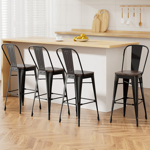 Artiss | Bar Stools | Set of 4 | Metal Frame | Wooden Seat | Retro Counter Stools