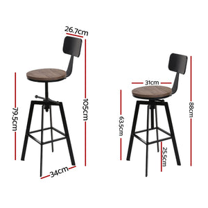 4x Bar Stools | Kitchen Dining Chairs | Adjustable Wood Stool | With Backrest