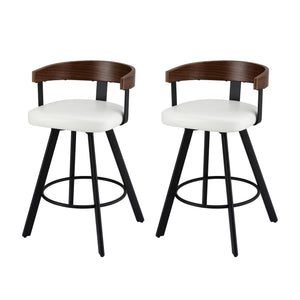 Bar Stools Set of 2 | Swivel | Bentwood Seat | Metal Legs | White PU