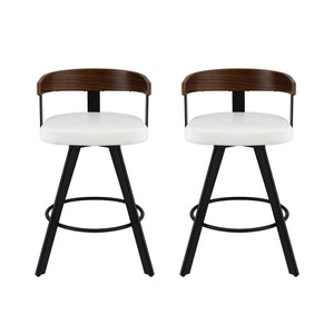 Bar Stools Set of 2 | Swivel | Bentwood Seat | Metal Legs | White PU