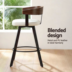 Bar Stools Set of 2 | Swivel | Bentwood Seat | Metal Legs | White PU