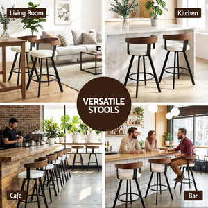 Bar Stools Set of 2 | Swivel | Bentwood Seat | Metal Legs | White PU