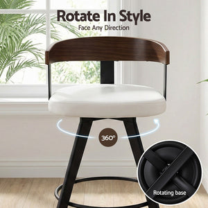 Bar Stools Set of 2 | Swivel | Bentwood Seat | Metal Legs | White PU