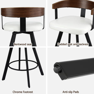 Bar Stools Set of 4 | Swivel | Bentwood Seat | Metal Legs | White PU