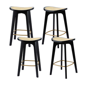 Rattan Bar Stools Set 4pc | Bamboo Saddle Seat | Black