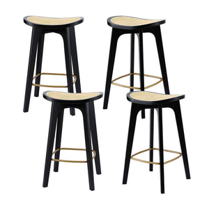 Rattan Bar Stools Set 4pc | Bamboo Saddle Seat | Black