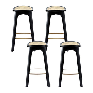 Rattan Bar Stools Set 4pc | Bamboo Saddle Seat | Black