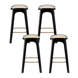 Rattan Bar Stools Set 4pc | Bamboo Saddle Seat | Black