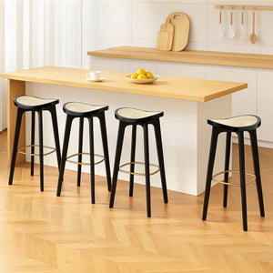 Rattan Bar Stools Set 4pc | Bamboo Saddle Seat | Black